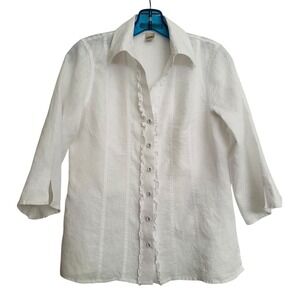 Ecologie Womens White 100% Linen Ruffle Trim 3/4 Sleeve Button Down Shirt Size S